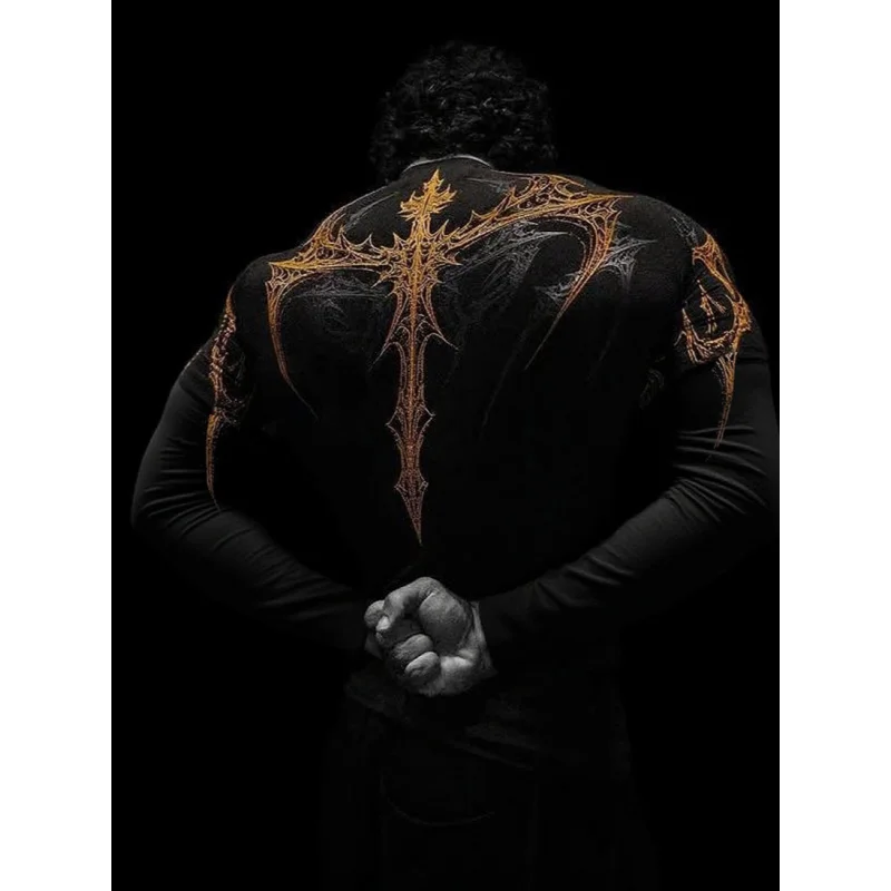 

2025 Spring Autumn New American-style Dark Gothic Style Sports Fitness Men's Long-sleeve Quick-dry Stretchy Tight-fitting Shirt