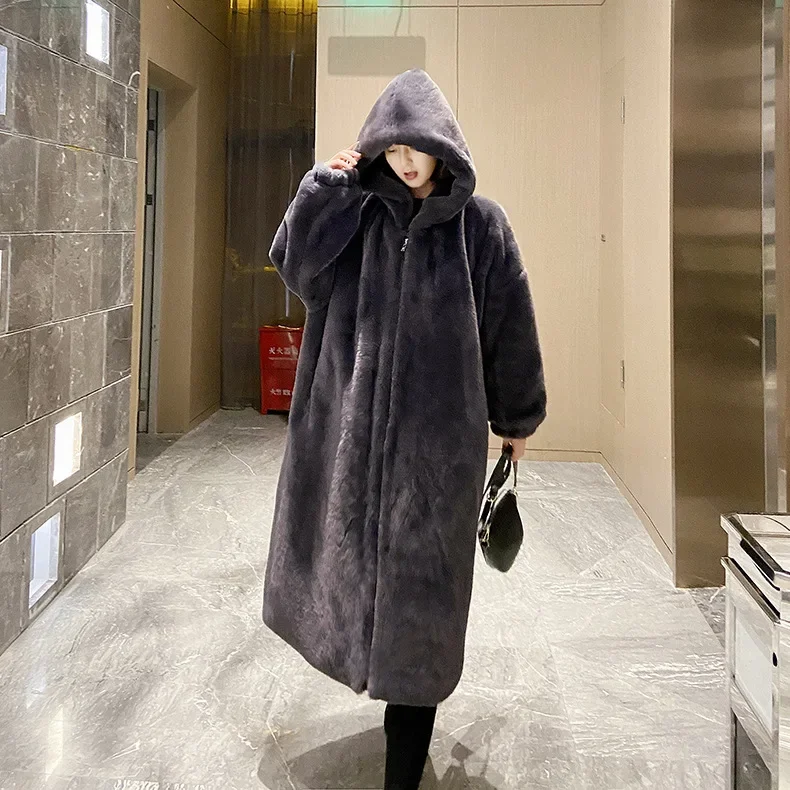 Giacca da donna in pelliccia sintetica spessa con cappuccio rosa autunno inverno maxi cappotto lungo caldo cintura di lusso pelliccia nera Parka Bontjas capispalla peloso