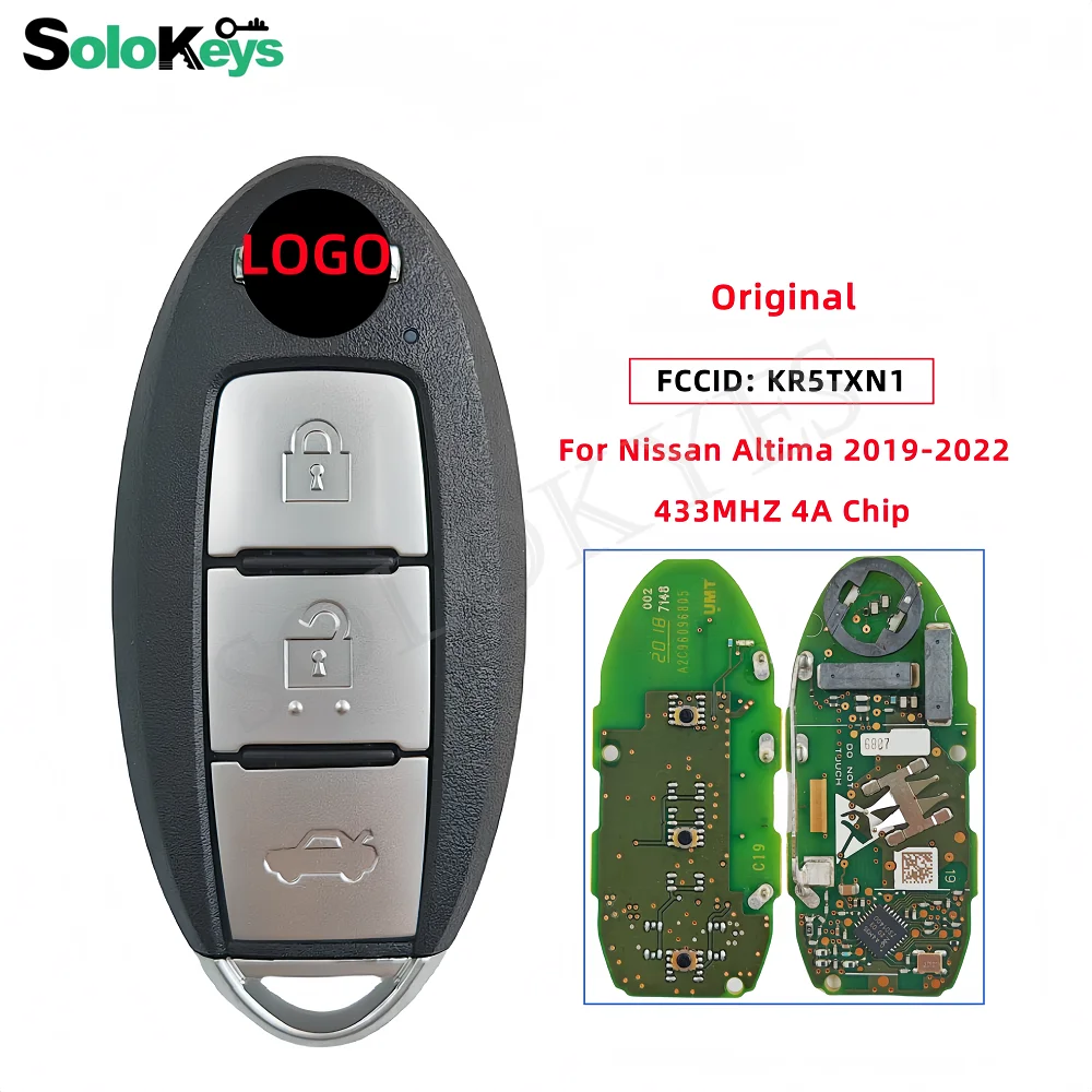 SOLOKEYS FCCID:KR5TXN1 S180144501 For Nissan Altima 2019-2022 Original Smart Remote Key 3 Buttons 433MHZ 4AChip With LOGO