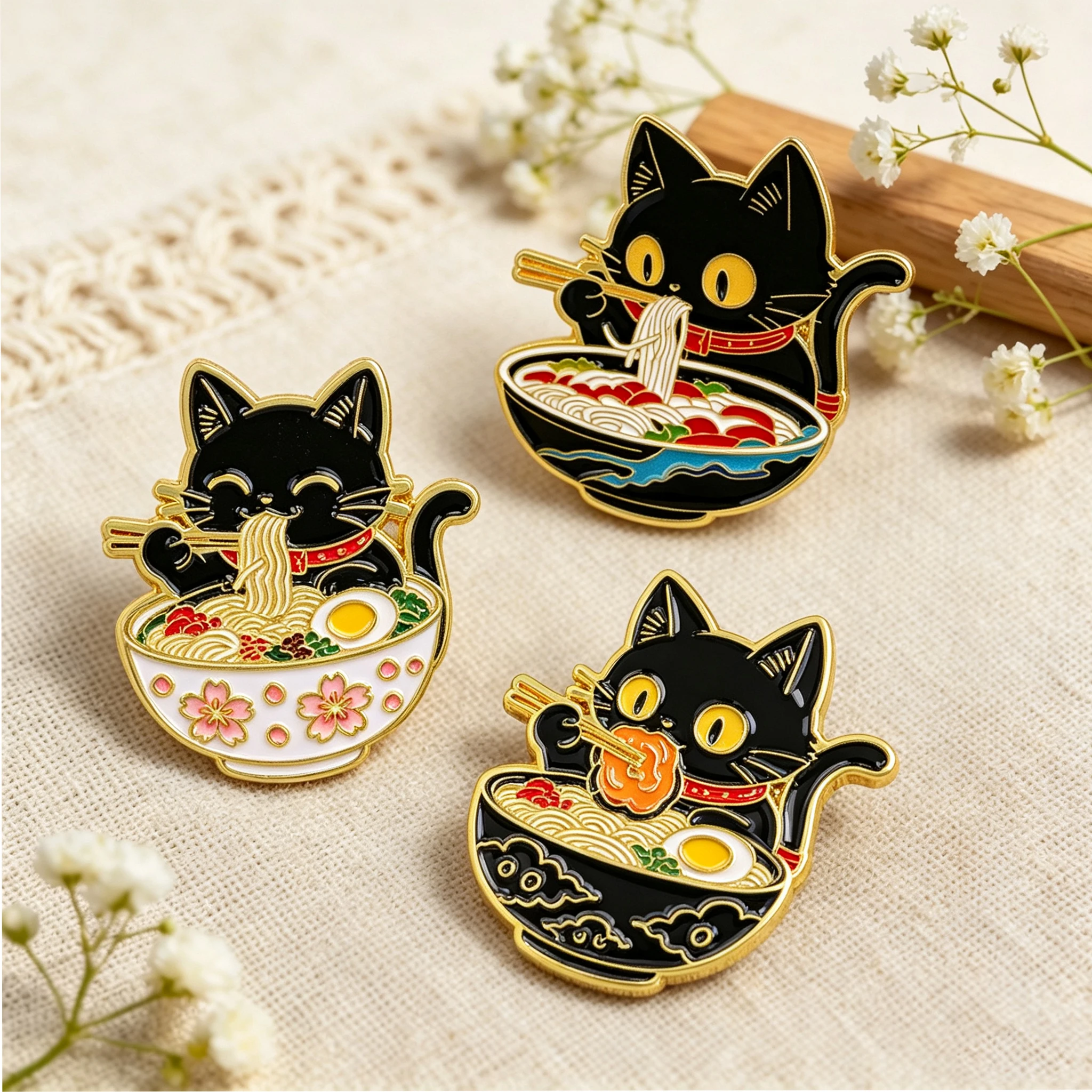 2/3pcs/Set Cute Black Cat Enamel Pin Japanese Noodle Cartoon Badge for Backpacks Collar Lapel Pin Hat Jewelry Gifts for Friends
