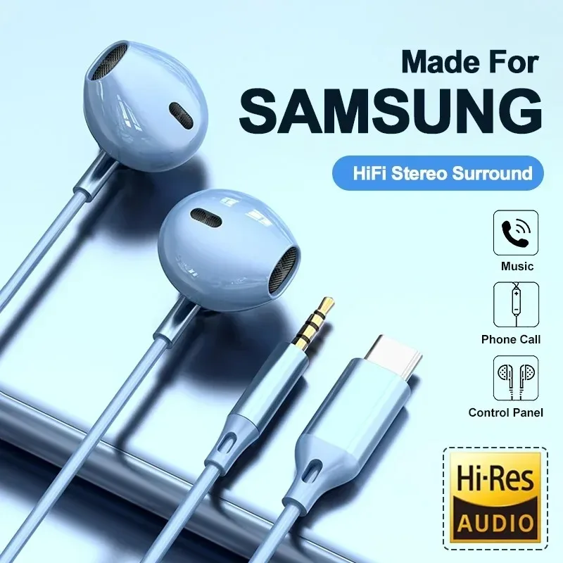 Dual-port Wired Earphones with 3.5mm and Type-C Connectors Wired Control and Built-in Mic, Widely Compatible with Mobile Devices