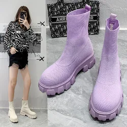 2024 Women Thick Soles Casual Large Red Knitted Ankle Boots Spring New Women's Socks Boots Ladies Botas De Mujer Shoes Female