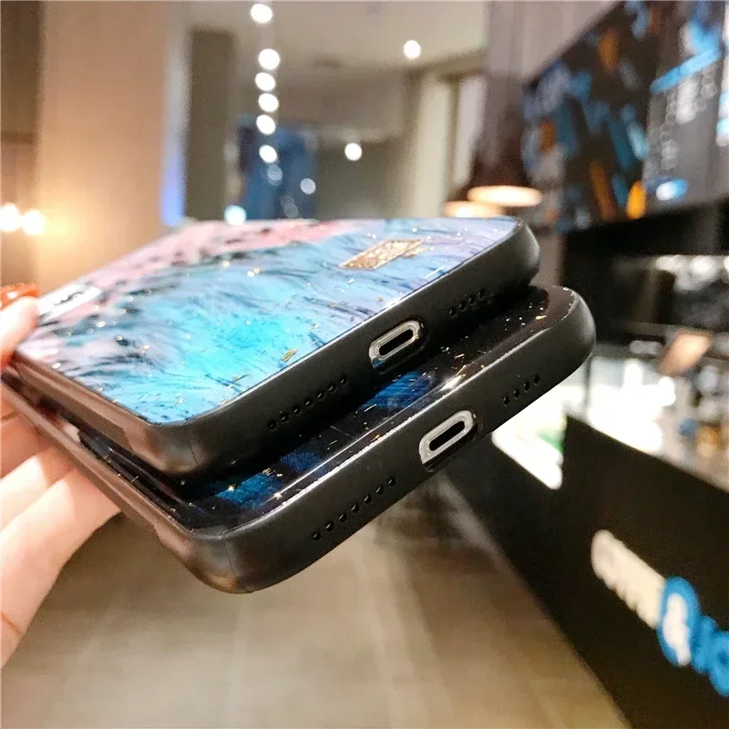 Gold Foil Bling Silicone Phone Case For iPhone 16 15 14 13 12 11 Pro Max Plus Glitter Beautiful Feather Epoxy Shockproof Cover