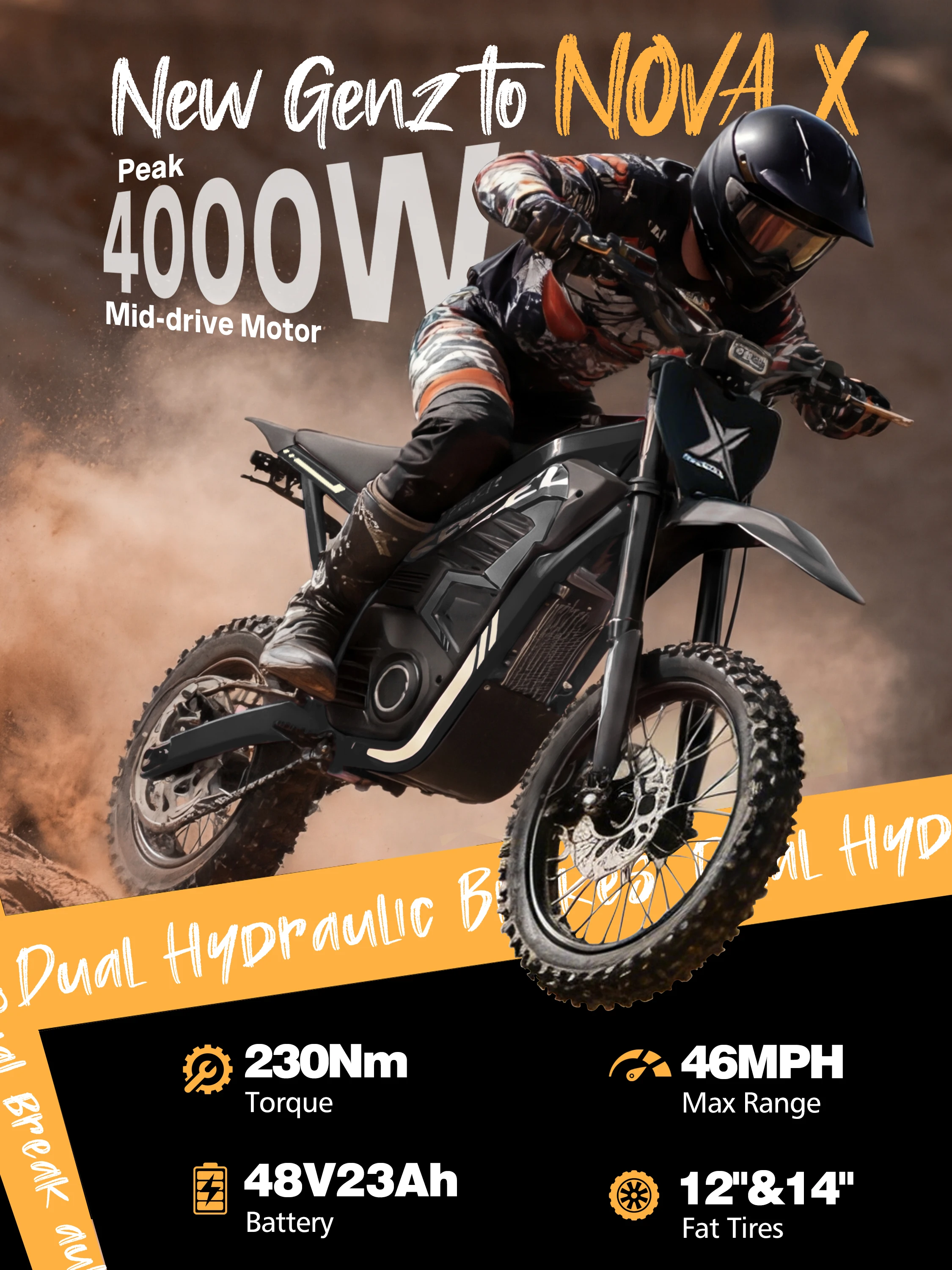 Eskute Nova X Electric Dirt Bike for Teens & Adults, 14"/12" Fat Tire Electric Motorcycle, 48V23AH Battery Nova Ebike 35-46MPH Ebike, Full Suspensions E-Moped for Kids, Teens & Adult view 3