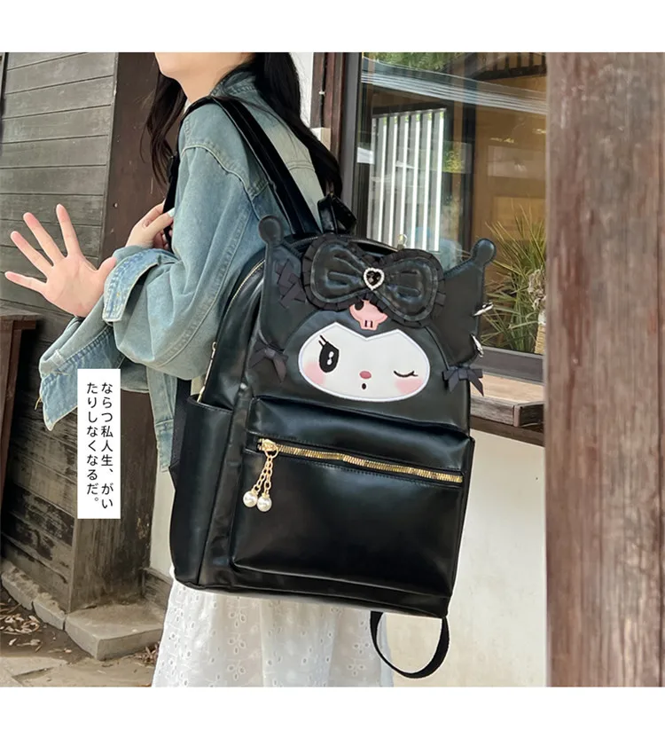 

Sanrio Kuromi Punk Backpack Cartoon Kawaii My Melody PU Leather Shouler Bag Backbag for Women Large Capacity Student School Bag