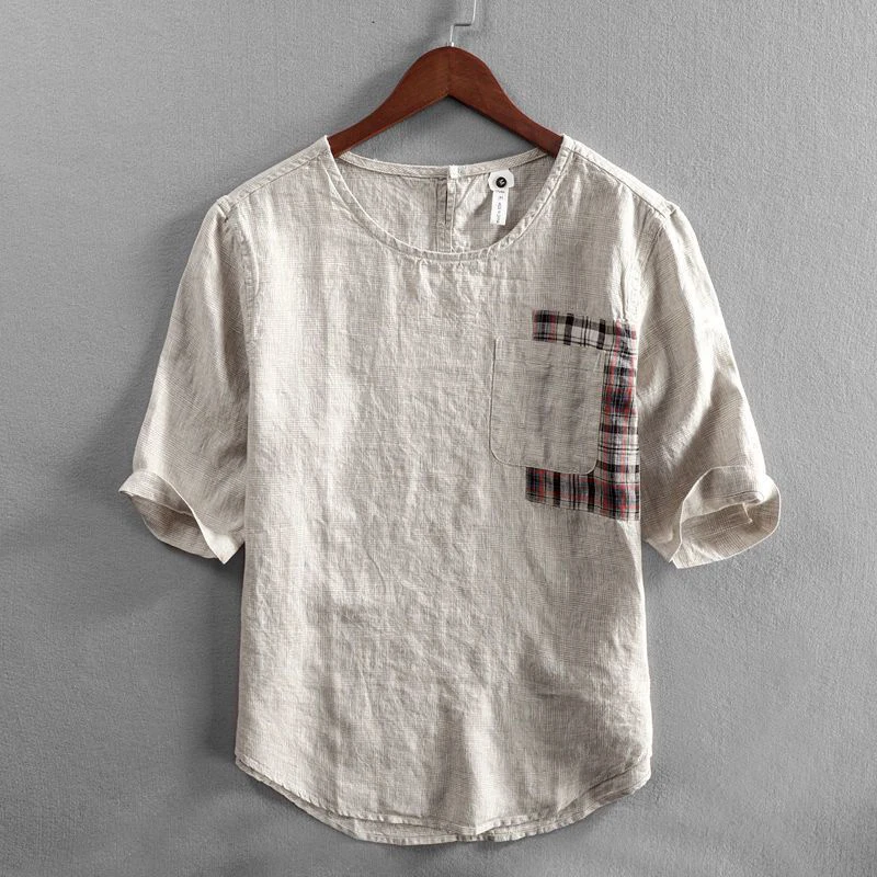 Summer Thin Tie Dye Short Sleeve Men O Neck T Shirts Fashion Pocket Spliced Cotton And Linen Loose 2xl Oversized Clothing Daily