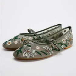 Fashion Handmade Embroidered Flowers Mary Jane Women Shoes Summer Mesh Breathable Light Non-slip Flats Belt Buckle Ballet Shoes