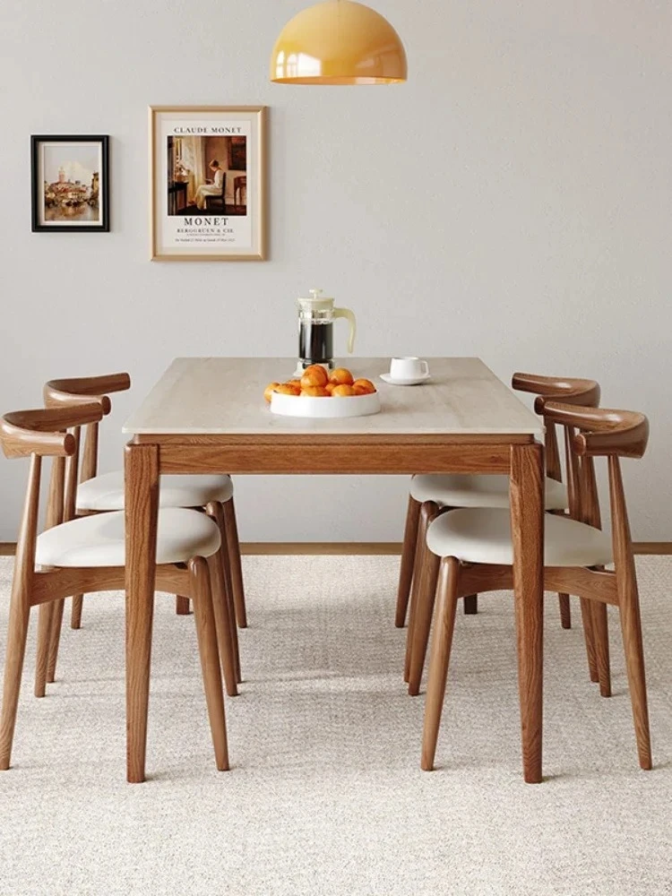 White wax wood travertine rock slab dining table in the ancient style solid wood legs simple rectangle
