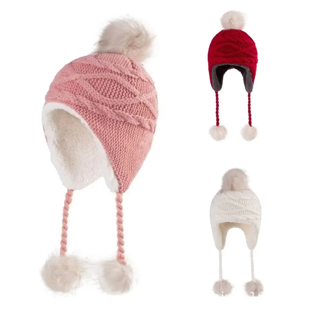 

Cute Soft Sherpa Lined Girls Skull Cap Warm Beanie With Earflaps Sherpa Lined Hat With Pom-Pom Kids Winter Hat Winter Kids Wear