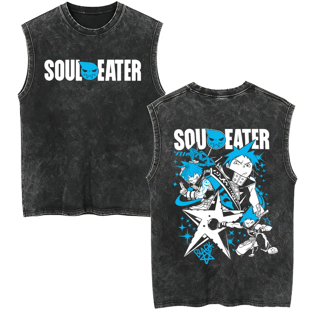 Japan Anime Soul Eater Black Star Vintage Washed Tank Tops Men's Women Clothing Fashion Casual Oversized Sleeveless Vest T-shirt
