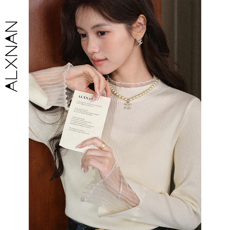 

ALXNAN Off-white Knitted Sweater Women's Autumn Long Sleeve Mesh Splicing Pullovers 2025 Slim-fit Elegant Casual Tops L57808