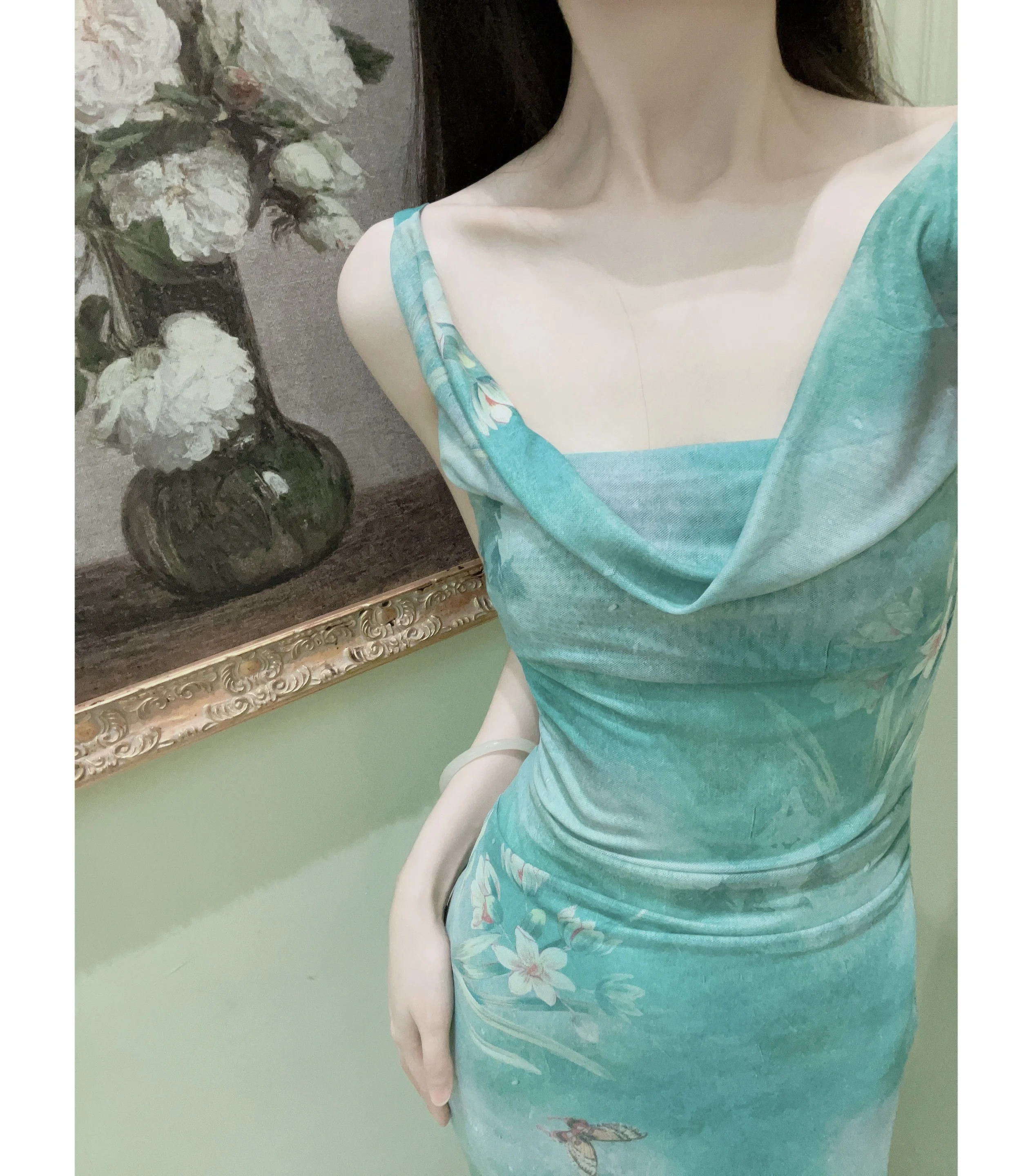 

Новое китайское длинное вечернее платье с цветочным принтом и одним плечевым ремнем для женщин, для свиданий и повседневной носки