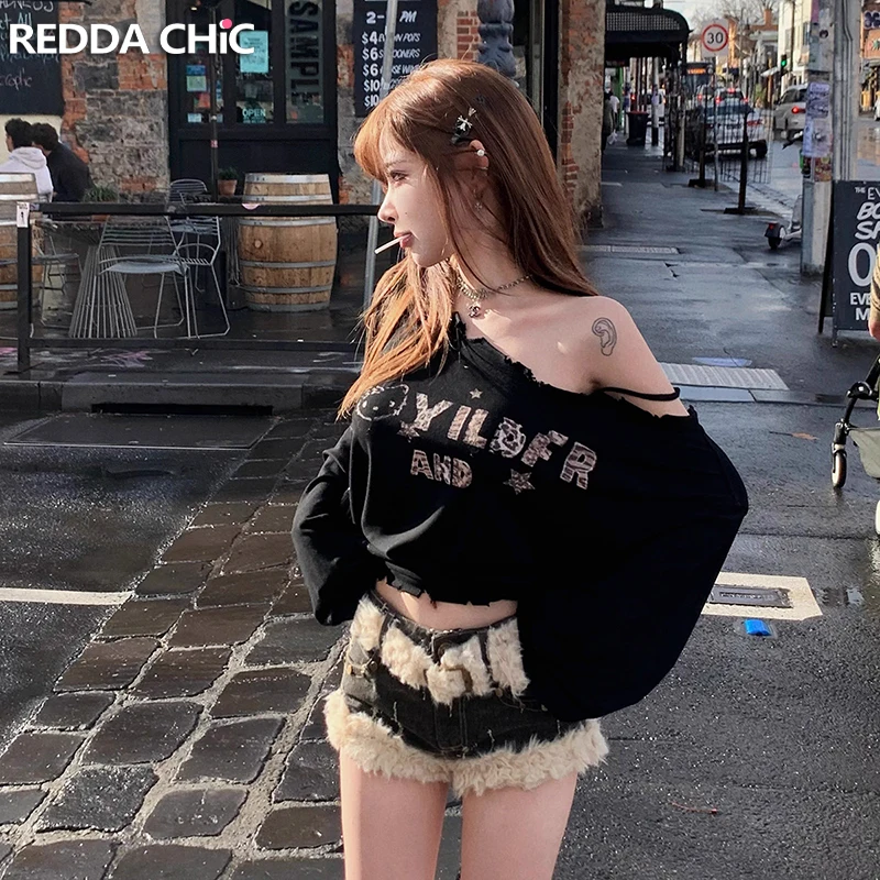 ReddaChic Winter Fuzzy Women Denim Shorts with Belt Faux Fur Low Rise Brushed Backside Destroyed Bootypants Retro Y2k Streetwear