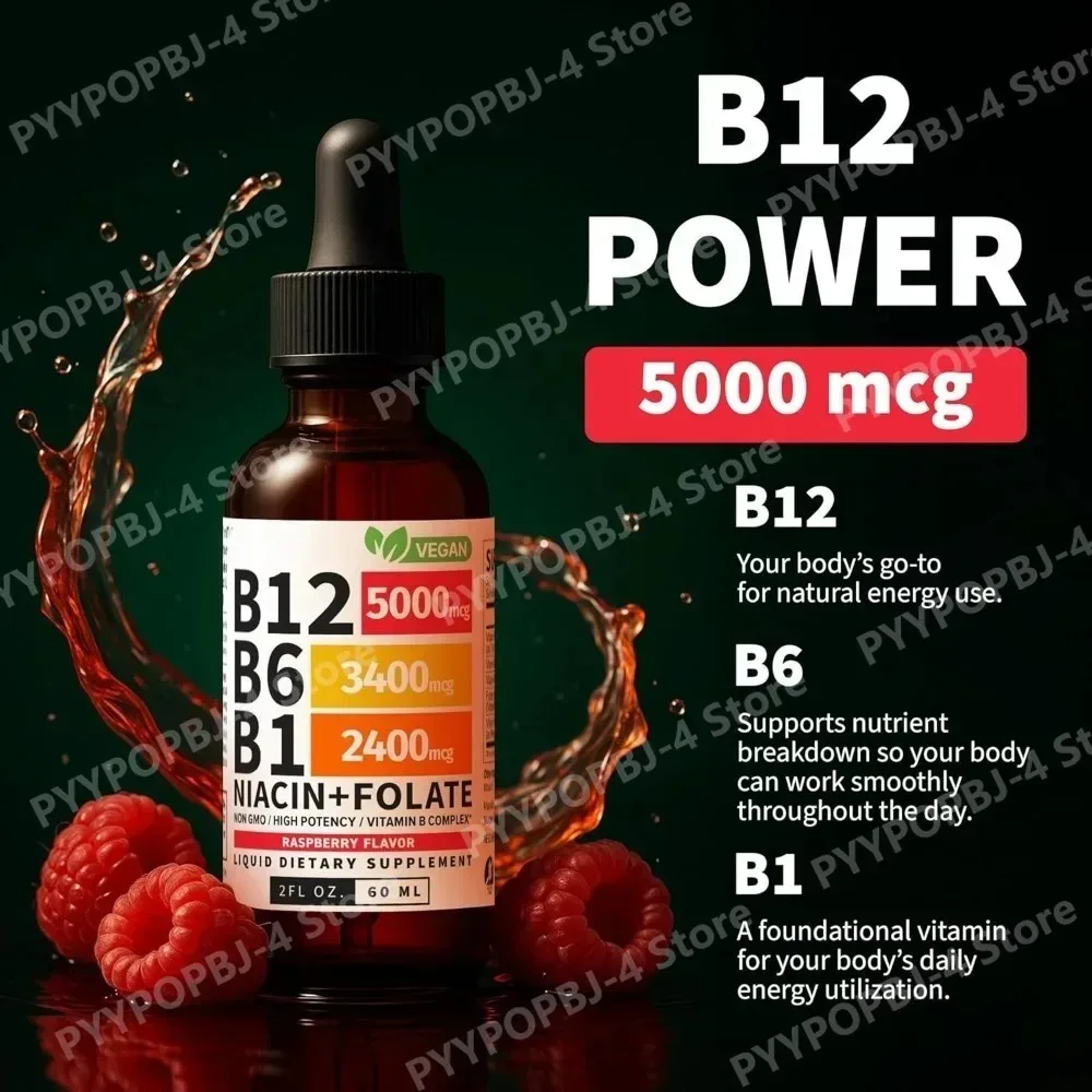 Vitamin B12 B6 Liquid Drops 60ml B Complex with B1 Niacin Folate Raspberry Vegan Daily Wellness Supplement 40 Servings Adults