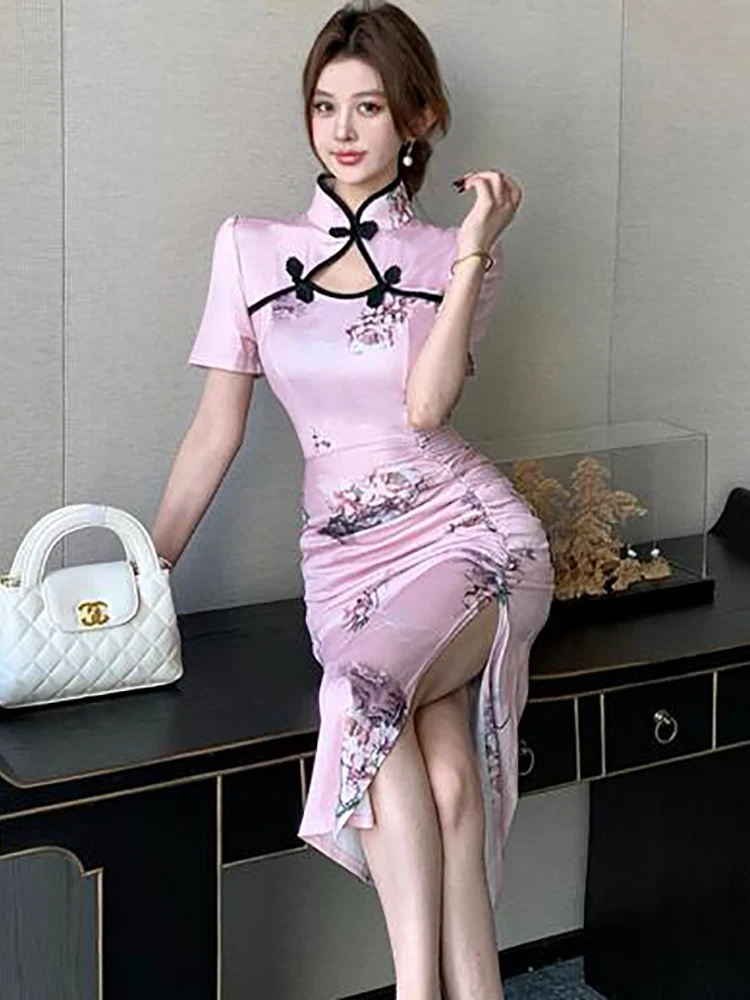 夏ピンクの花サテン高級ロングドレス女性半袖中空アウトスタンドカラードレス 2025 韓国ファッション高級 Vestidos