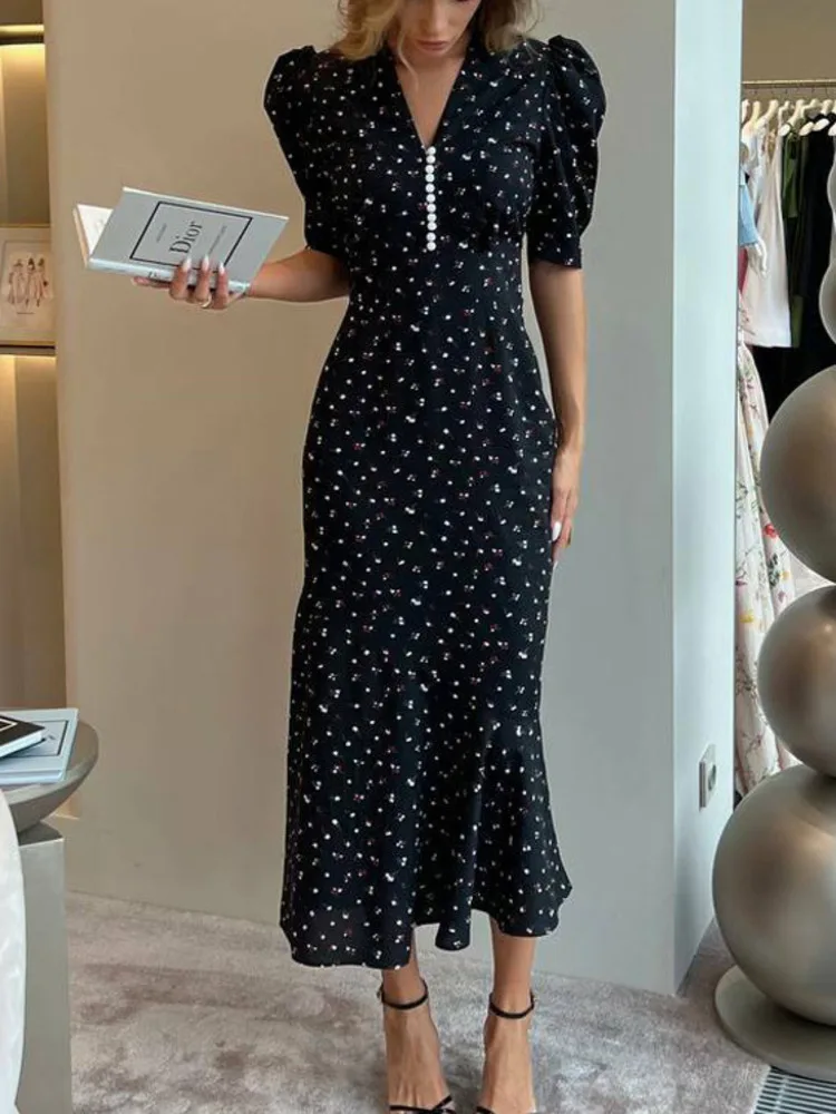 فستان Blifanbo مطبوع بأكمام قصيرة ورقبة على شكل V فستان ماكسي للنساء أنيق بخصر عالٍ وطباعة أزرار مثيرة ونحيفة للعطلات