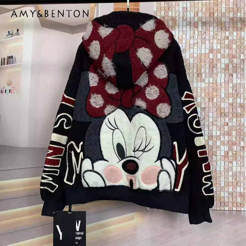 

Fashion Brand Autumn Winter Sweet Age-Reducing Cartoon Warm Loose Fit Top Coat Long Sleeves Hooded Sweatshirt Jacket For Women