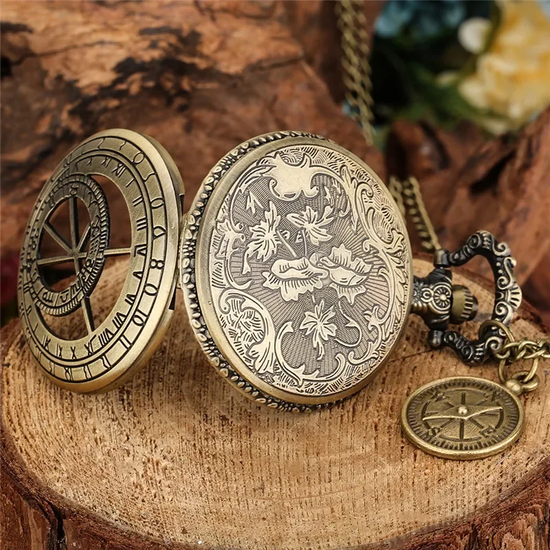 Antique Hollow Out Geometry Case Men Women Analog Quartz Pocket Watch Arabic Number Clock with Necklace Chain Pendant Compass
