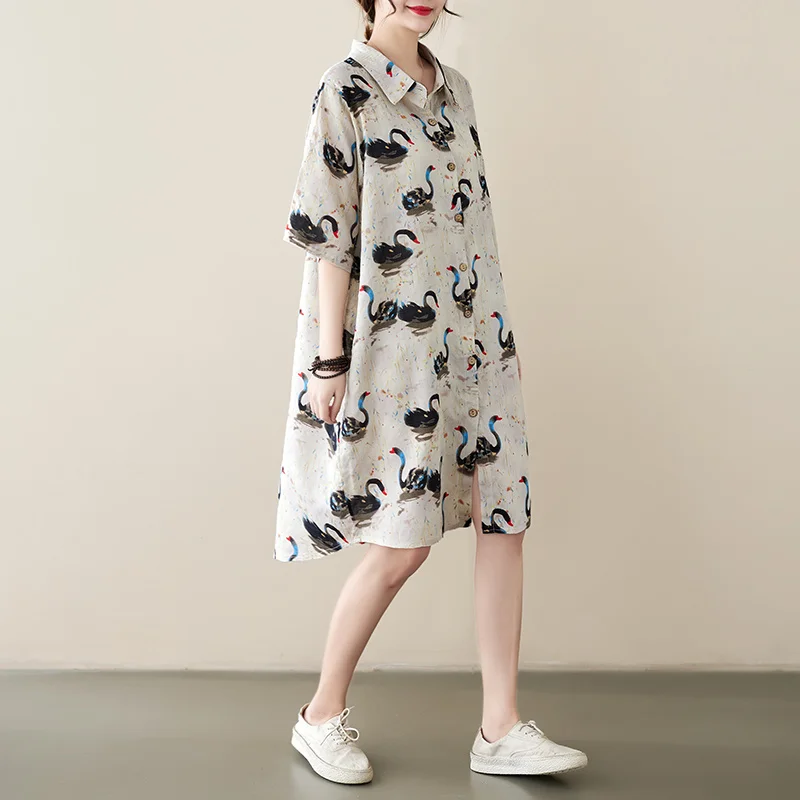 #3371 Summer Cotton Linen Shirt Dress Short Sleeve Asymmetrical Shirt Dress Loose Vintage Animal Printed Vestidos Front Buttons