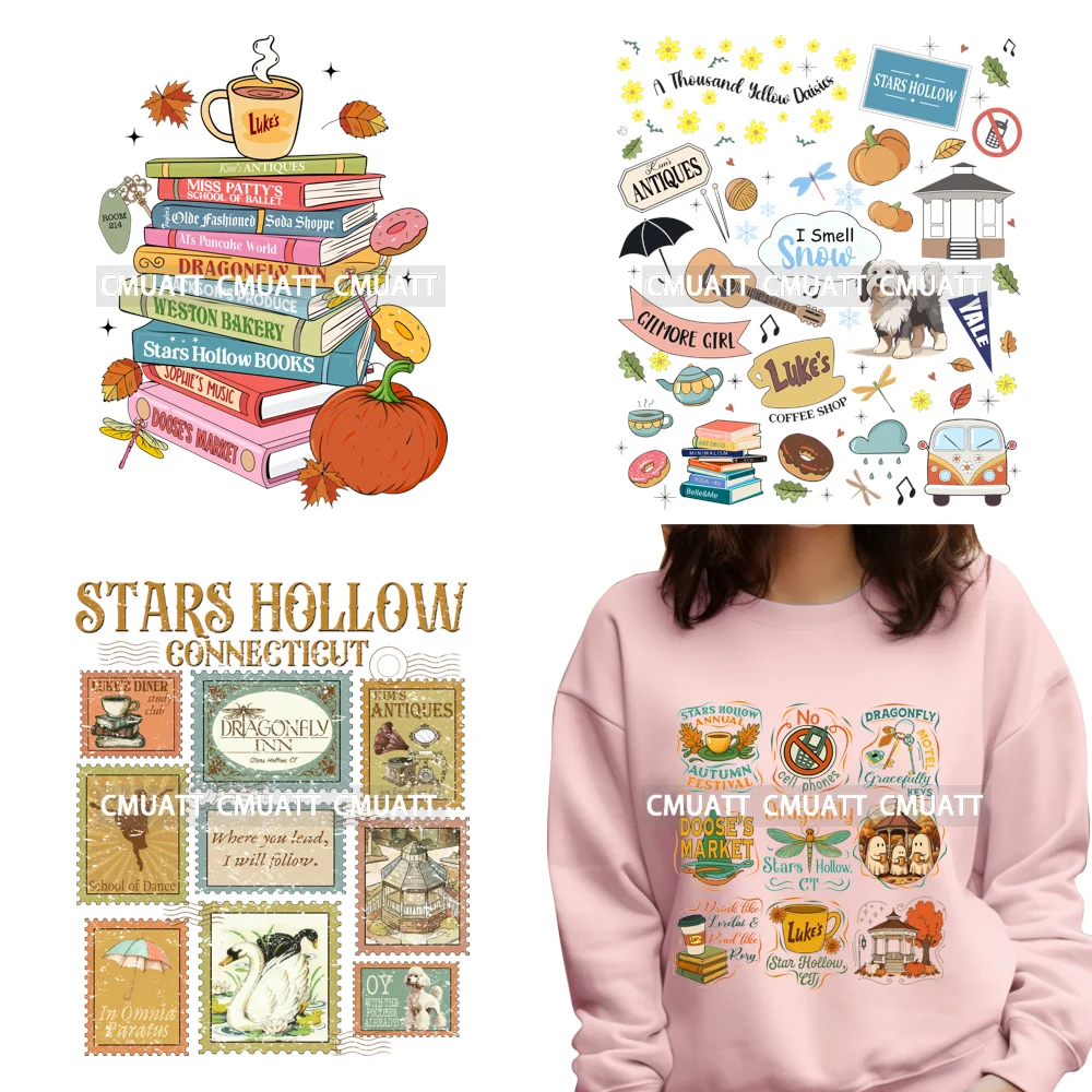 

Fall Book Stack Stars Hallow Cozy Autumn Coffee Connecticut Iron on Washable DTF Transfers Stickers Ready to Press for Textile