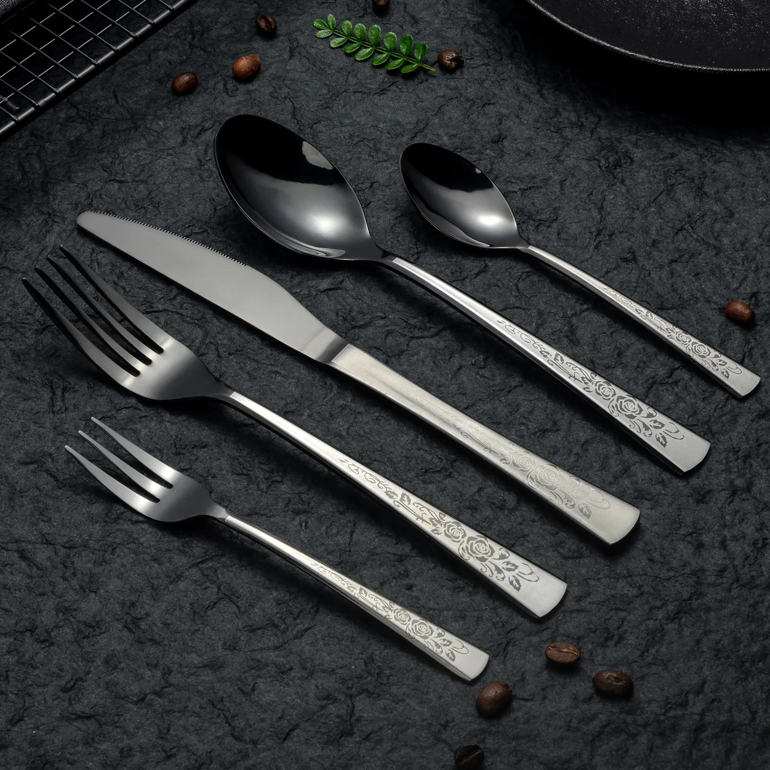 Black Laser Rose Knife Fork Spoon Dinnerware Wedding Birthday Matte Tableware Set 4/5/6/16/20/24/30/36Pcs Family Camping Cutlery