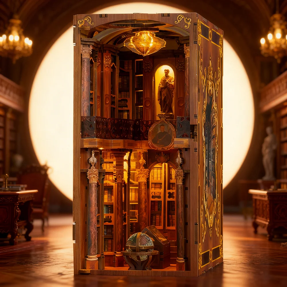 Monastery Library 3D Puzzle DIY Miniature Bookshelf Kit w/ LED Light | Adult Decompression Toy | Vintage Wooden Model Building K