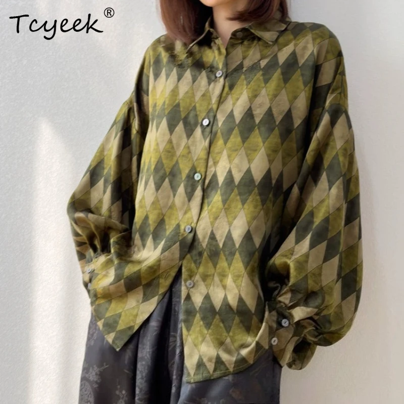 Tcyeek 100% Real Silk Blouses for Women 2026 Spring Summer Retro Plaid Pattern Lantern Sleeve Tops Woman Clothes Рубашка Женская
