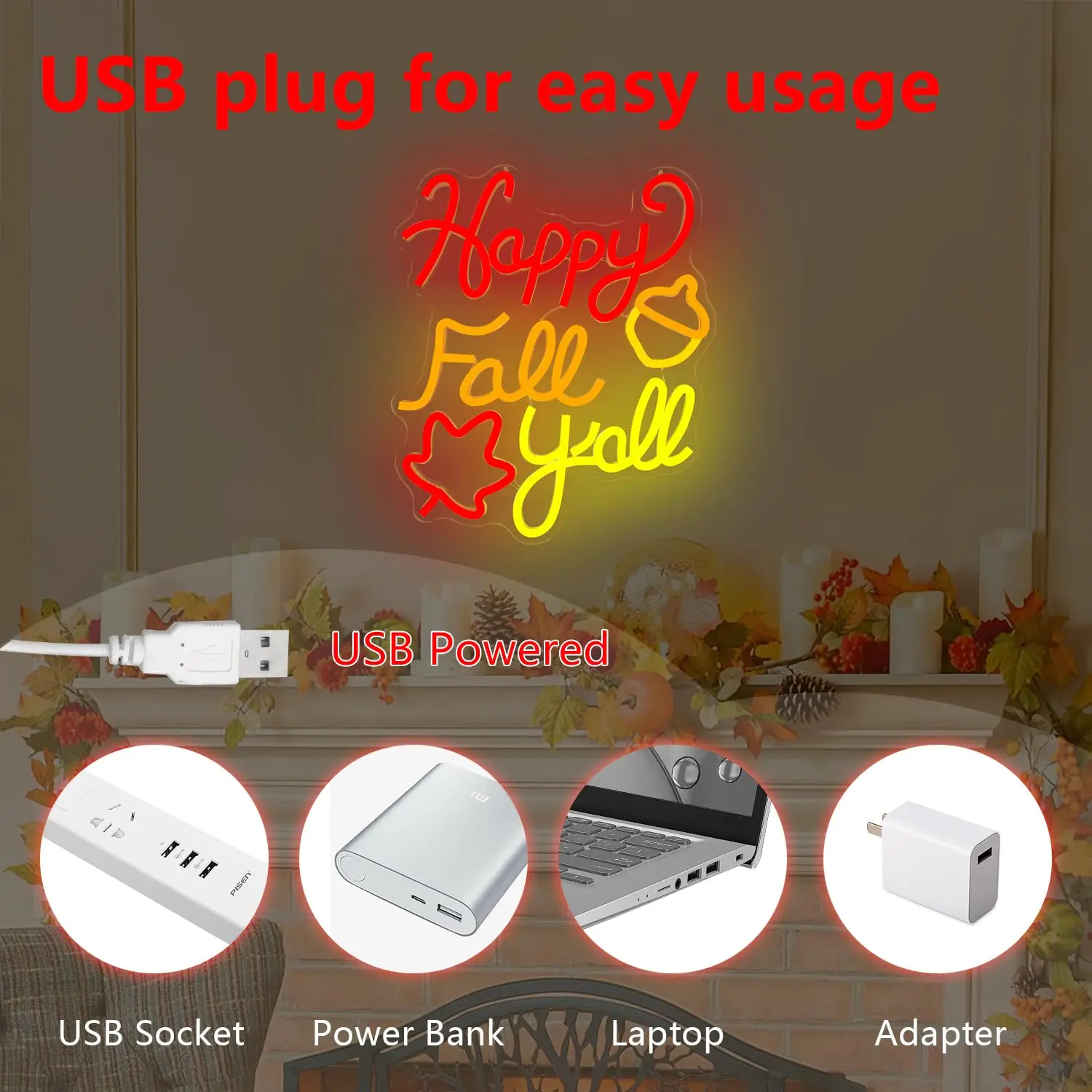 Happy Fall Yall LED Neon Sign Fall Decorations Dimmable Autumn Light for Wall Decor for Thanksgiving Party Home Fireplace