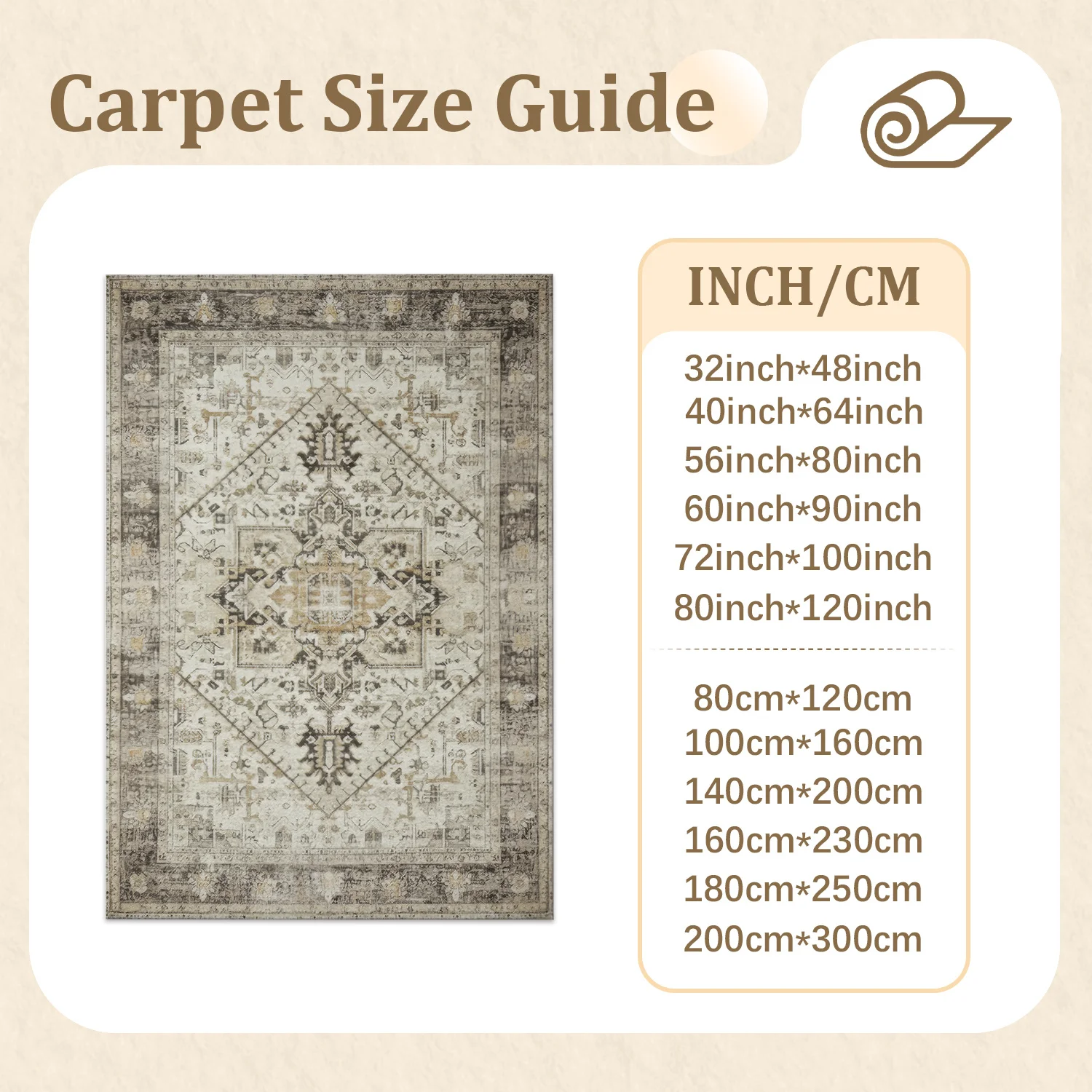 Large Indoor Area Rug, Soft Velvet Low Pile Rug with Non-slip Dotted Backing, Machine Washable Vintage Distressed Medallion Pattern in Neutral Beige, Ideal for Living Room, Bedroom, Entryway Home Floor Decor