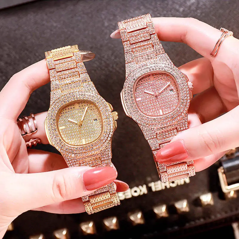 Iced Out Watch With Bangle for Women Bling Miami Bracelet Hip Hop Luxury Watches Diamond Ladies Gold Clock Set Jewelry