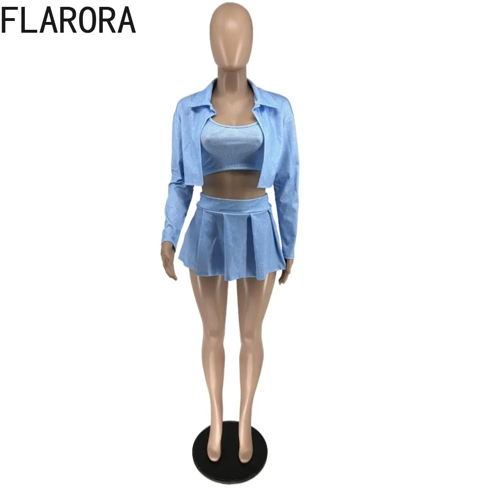 FLARORA Fashion Street Ribber Skirts Three Piece Set Woman Long Sleeve Crop Jackets And Vest+Pleated Mini Skirt Outfits 2025 New