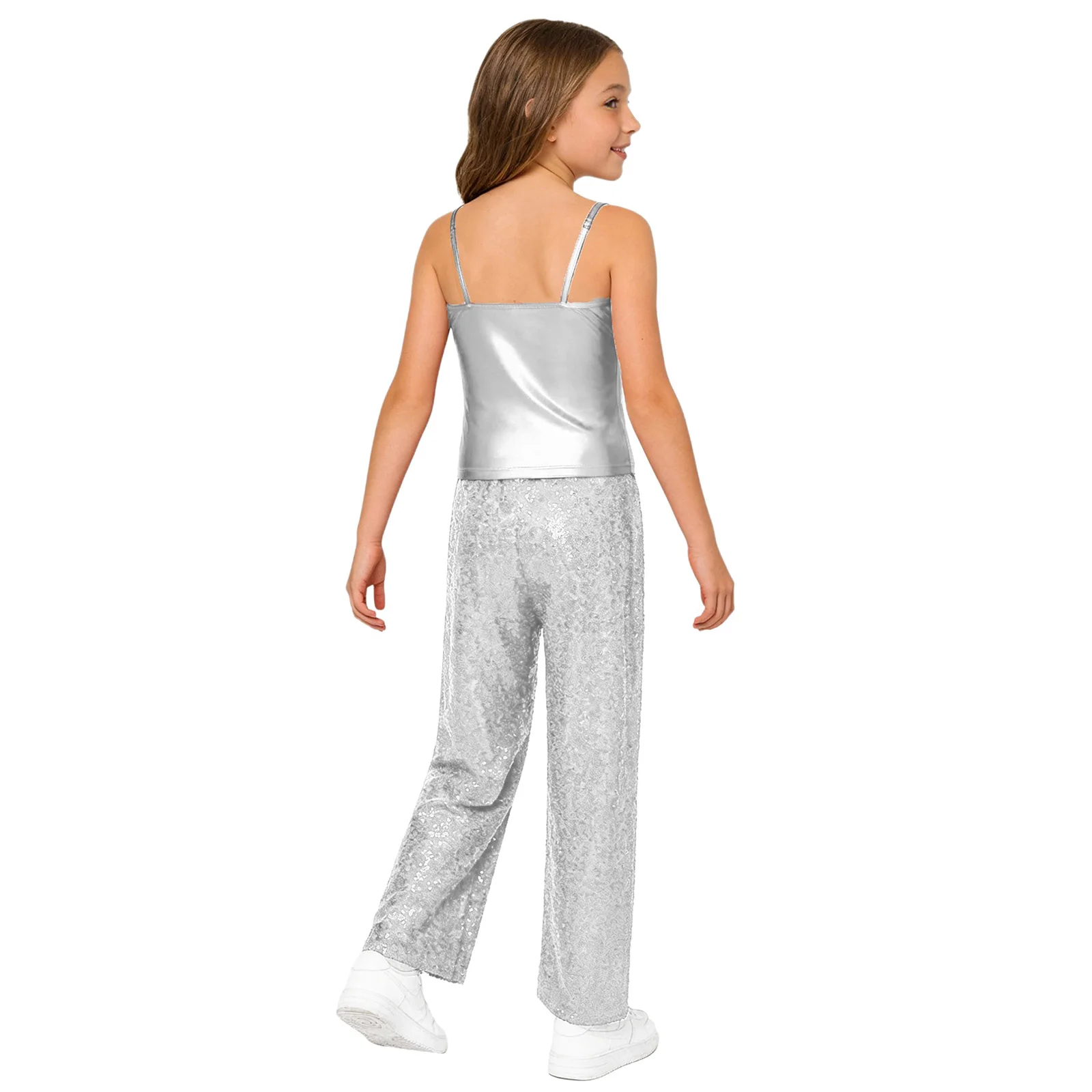 Kids Girls Jazz Dance Outfit Spaghetti Shoulder Straps Metallic Camisole with Sequin Pants for School Hip Hop Party Performance