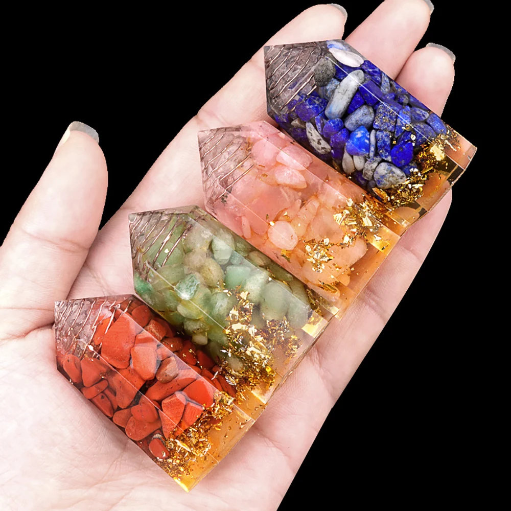 Natural Crystal Chip Stone Hexagonal Pointed Healing Crystals Reiki Chakra Faceted Prism Wand Resin Coated Figurine Home Decor