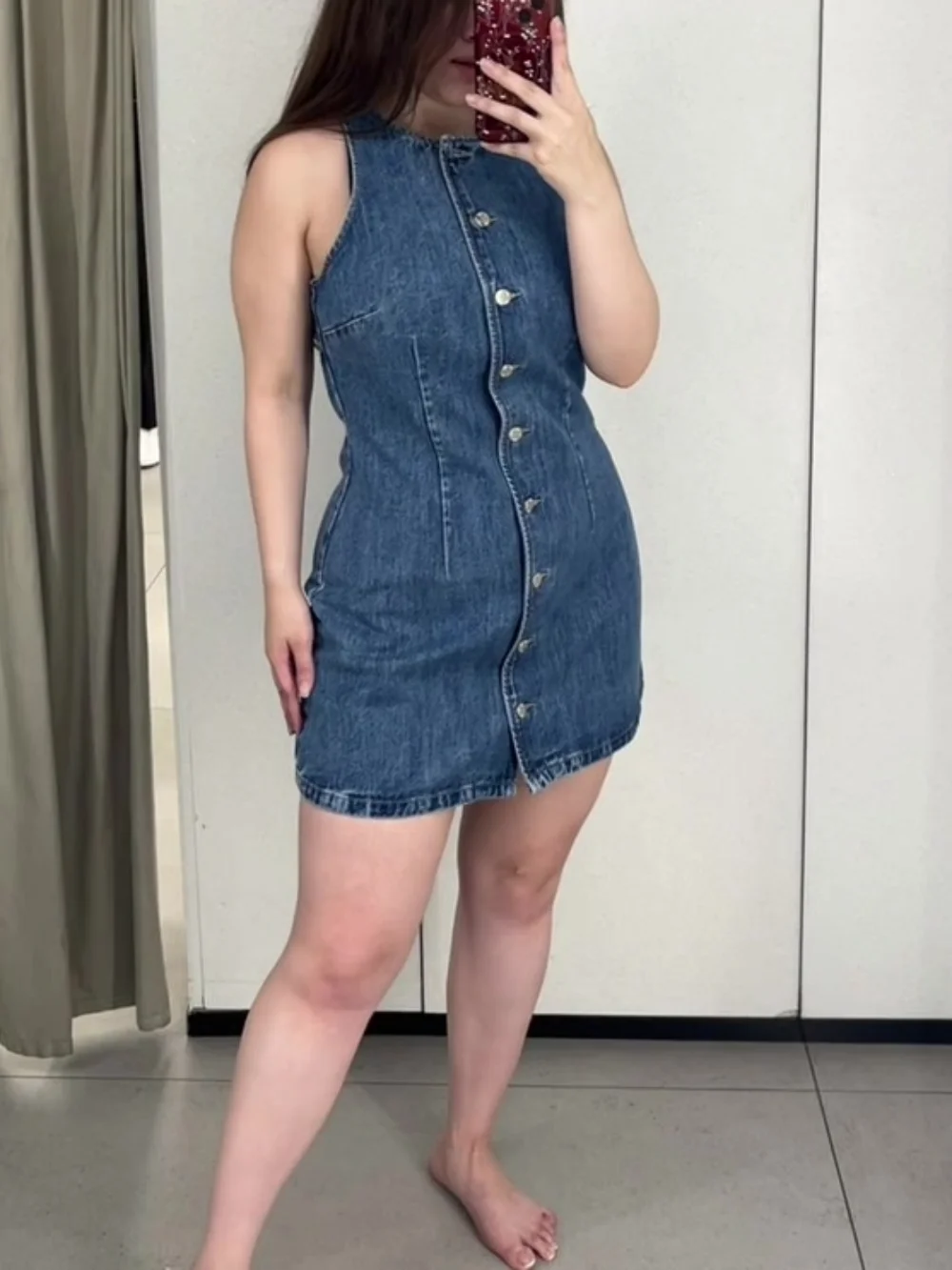 Vintage Denim Midi Dress Fashion Single Breasted Women Dress Round Neck Sleeveless Casual Women Party Short Dress Summer 2025
