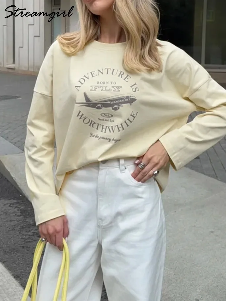 

Streamgirl Хлопковая футболка с длинными рукавами для женщин Весенние топы Футболки с рисунком Негабаритные повседневные светло-желтые футболки Женские базовые топы, лонгслив женский, жіноча футболка 100%cotton