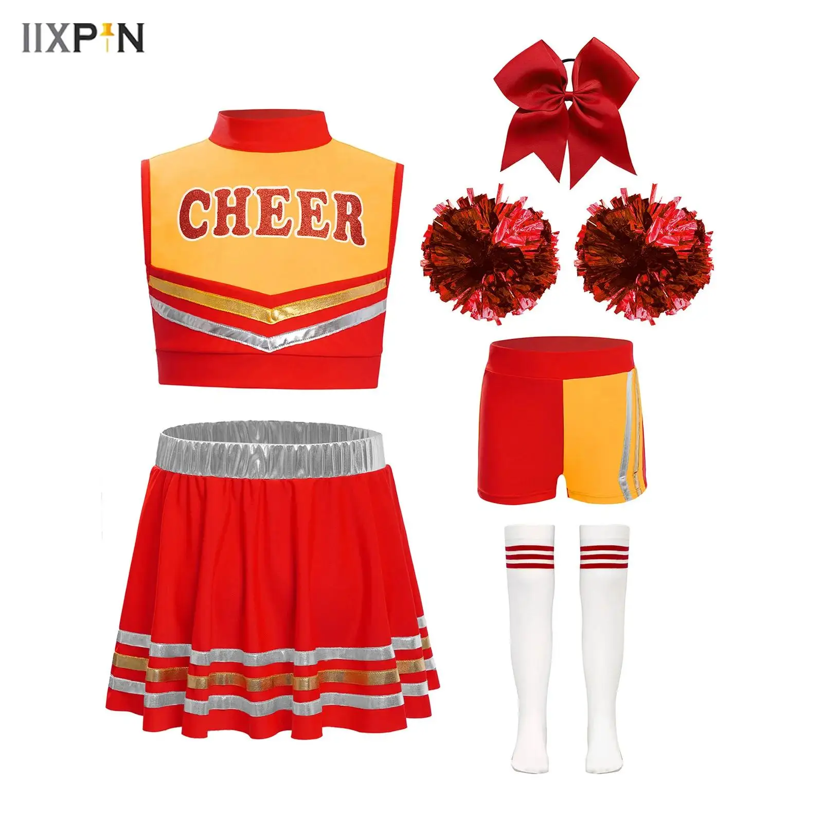 

6Pcs Girls Cheerleading Dance Outfit Sleeveless Letters Printed Crop Top+Shorts+Striped Hem Skirt+Headwear+Flower Balls+Socks