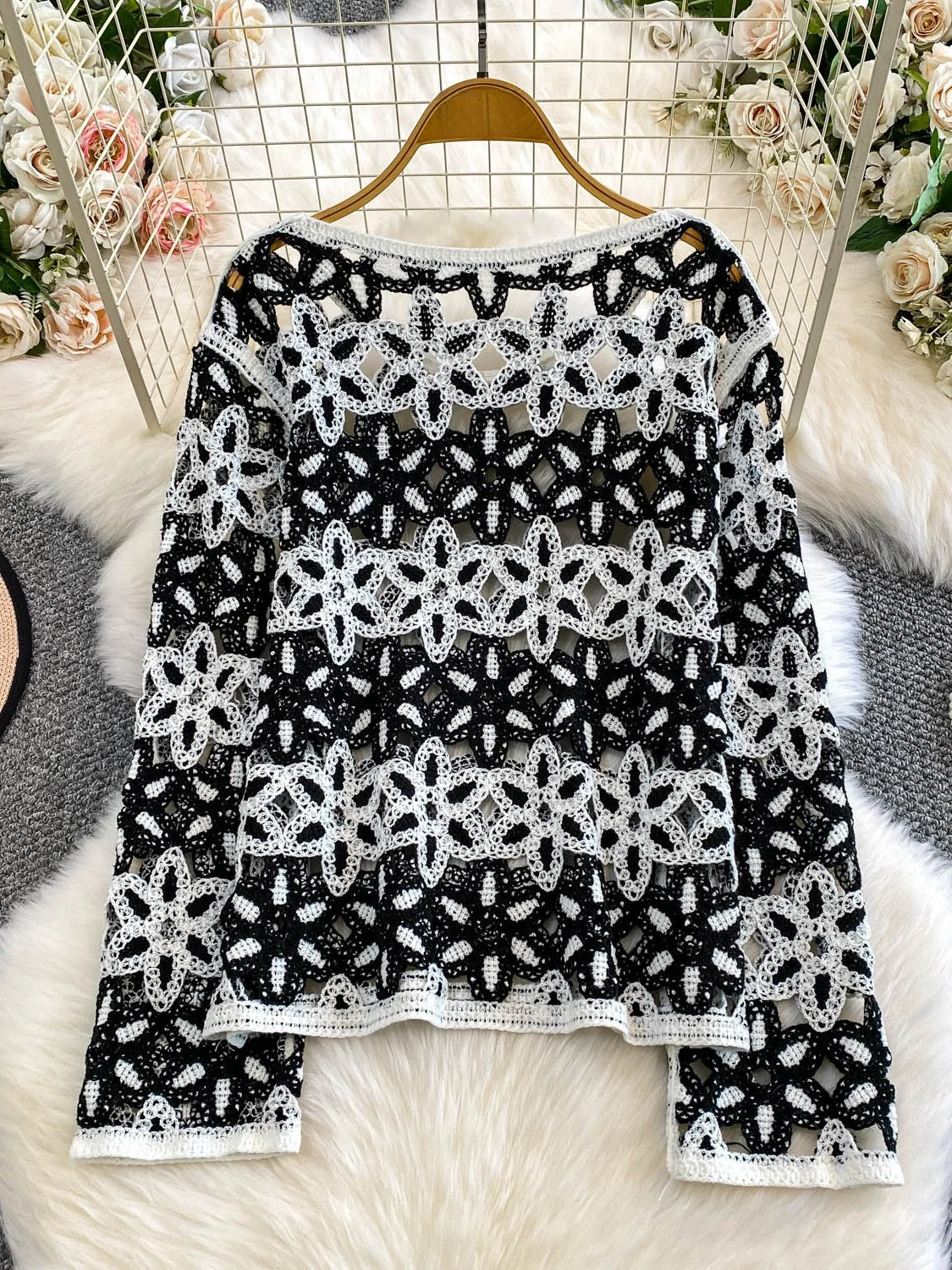 

n Holiday Sle Long Sve Hook Flower Hollow out Knitted Sun Protection Top Women's Spring Autumn Outerwear Loose Sl...