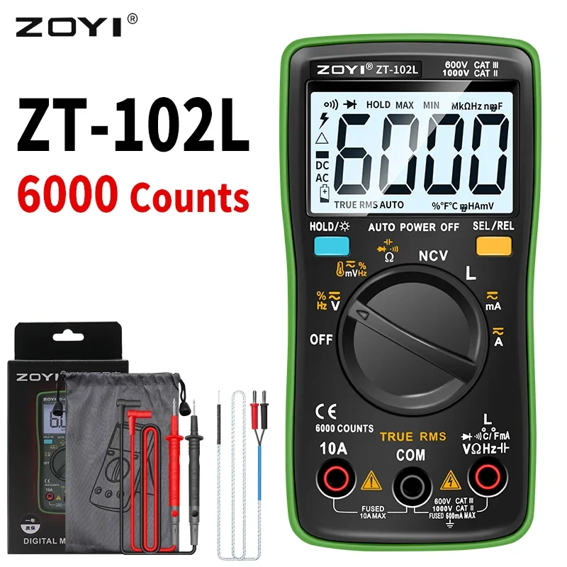 ZOYI ZT102L Digital Multimeter 6000 Counts Auto Range with Backlight AC/DC Volt Ohm Tester Portable Multimetro Ammeter