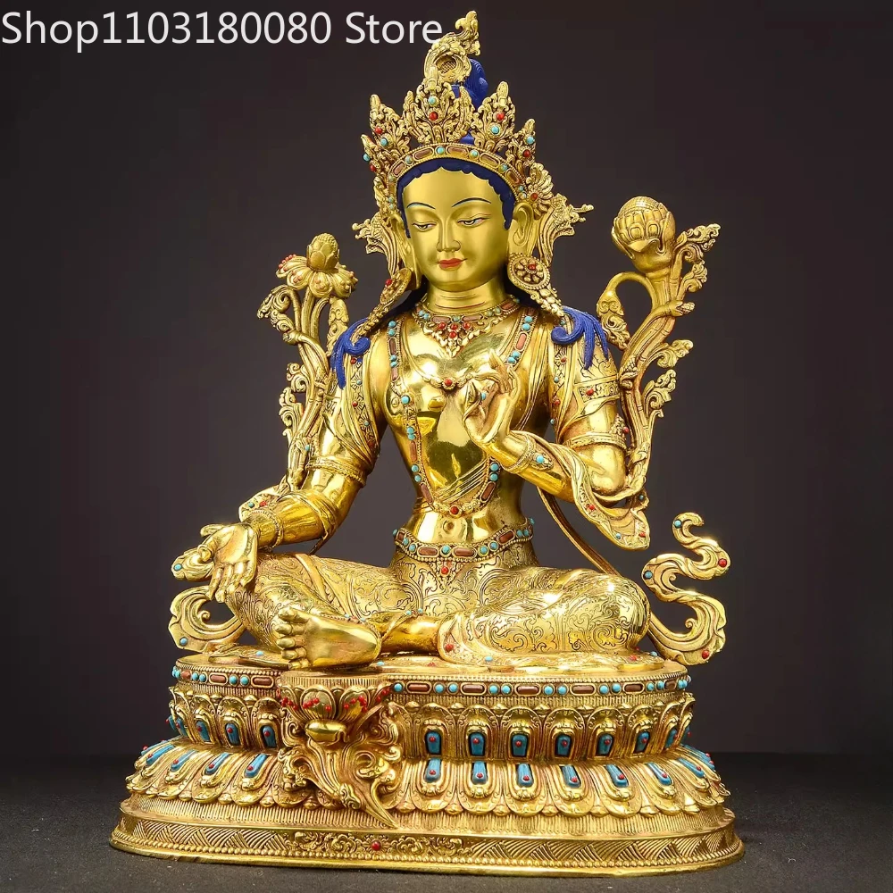 Copper gilding Green Tara inlay White Tara buddha statue sculpture,47cm,31cm