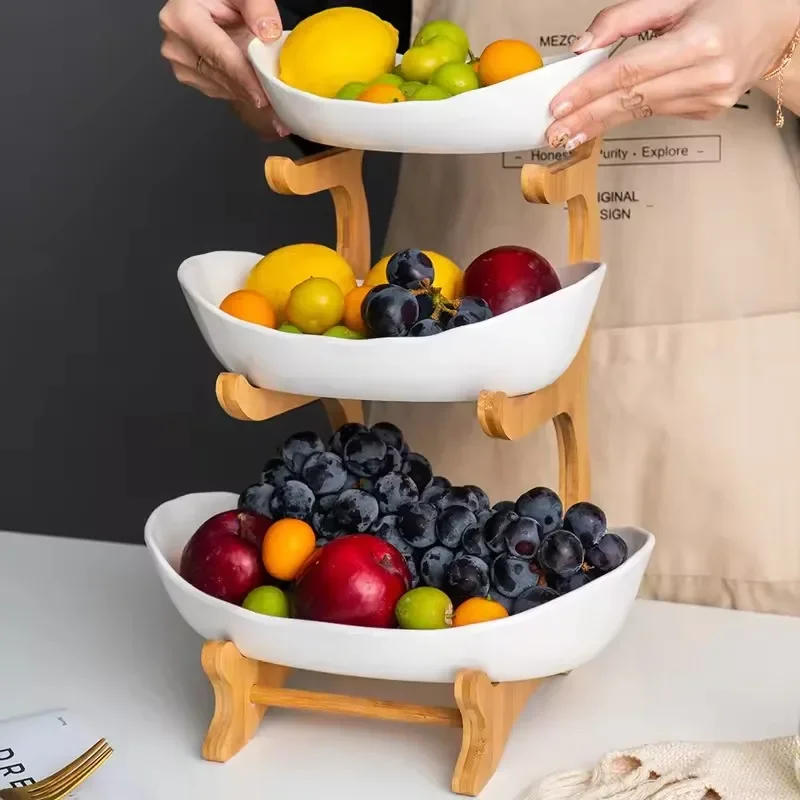 2-3 Tiers Plastic Fruit Plate Wood Holder Oval Serving Bowl Party Bar Food Server Display Stand Candy Dish Shelves Home Storage