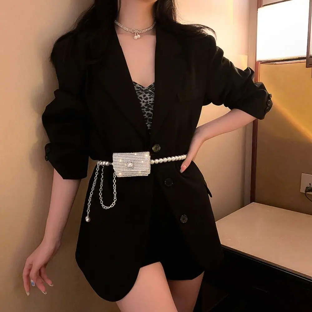 

Korean Style Rhinestones Pearl Chain Waist Bag Long Tassel Trendy Women Mini Bags Belt Luxury Dress Decoration