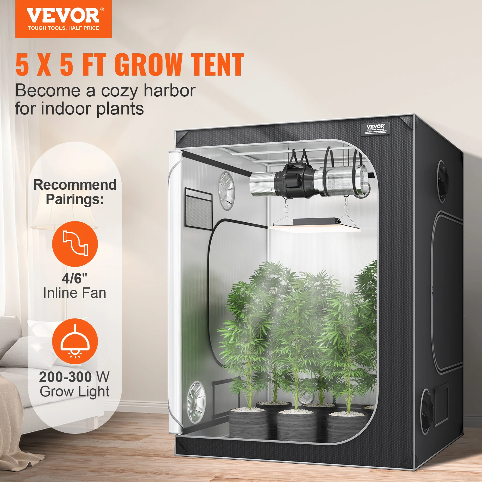 VEVOR 5x5 Grow Tent 60x60x80in High Reflective 2000D Mylar Hydroponic Growing Tent w/Window&Tool Bag for Indoor Plants Growing