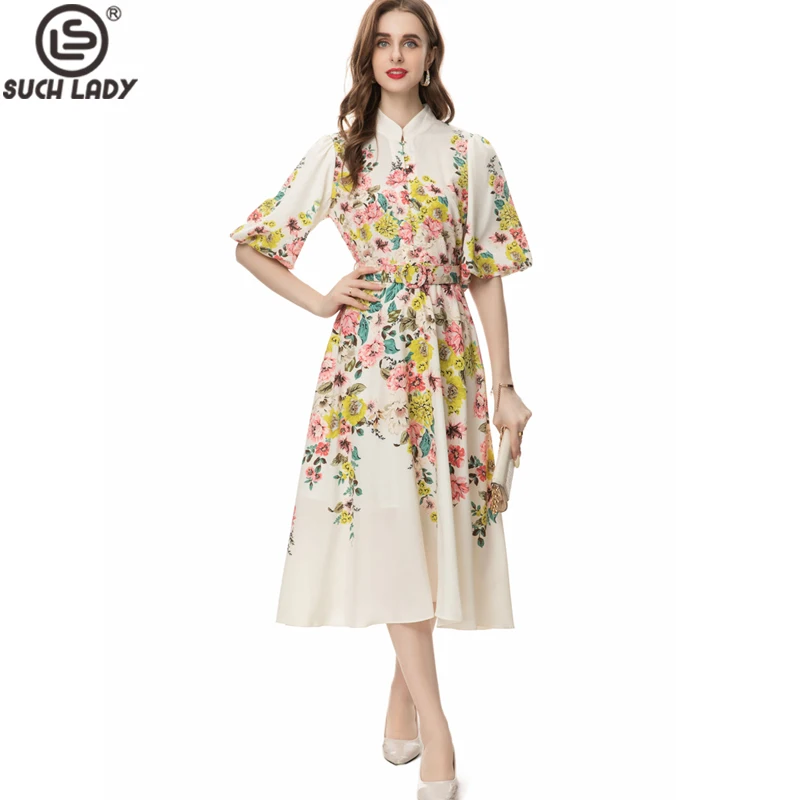 

Women's Runway Dresses Stand Collar Half Sleeves Floral Printed Casual Vestidos with Belt