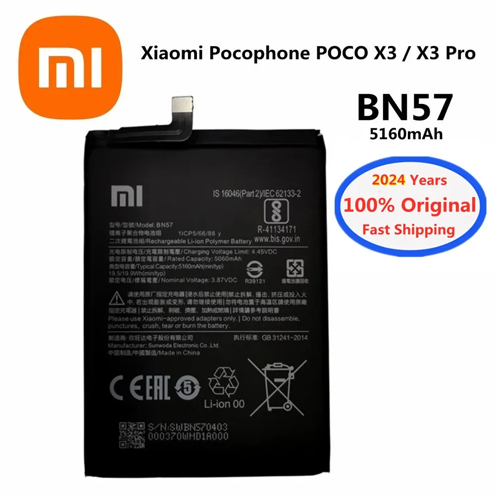 

2024 Years Xiao Mi Original Battery BN57 For Xiaomi Pocophone Poco X3 / X3 Pro NFC 5160mAh Mobile Phone Battery Fast Shipping