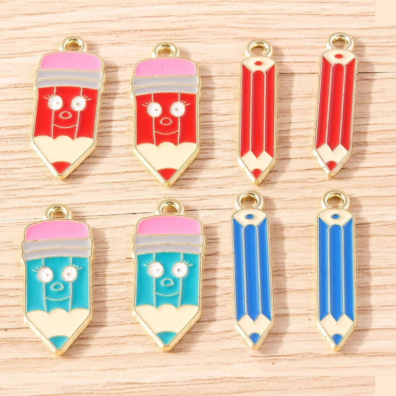 Tusember 10pcs Drop Oil Enamel Cute Pen Pencil Charms for Jewelry Making DIY Earring Bracelet Necklace Pendant Accessories