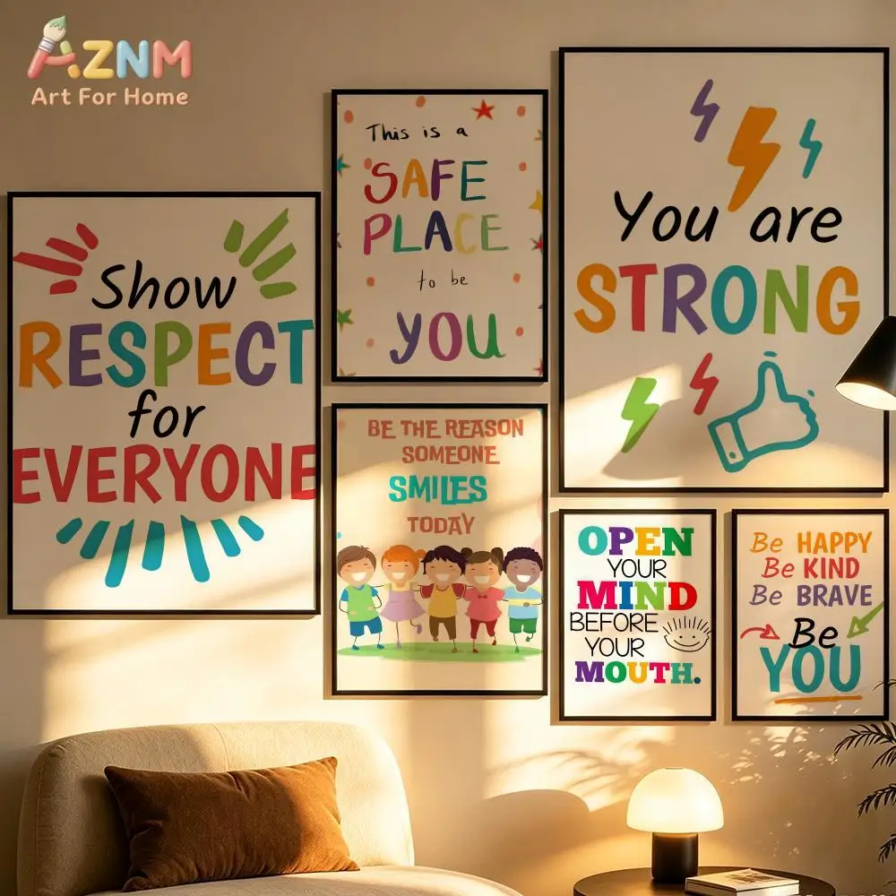 AZNM Colorful Motivational Positive Quote Canvas Wall Art Kindness Respect Inspirational Text Poster Classroom Kids Playroom Edu