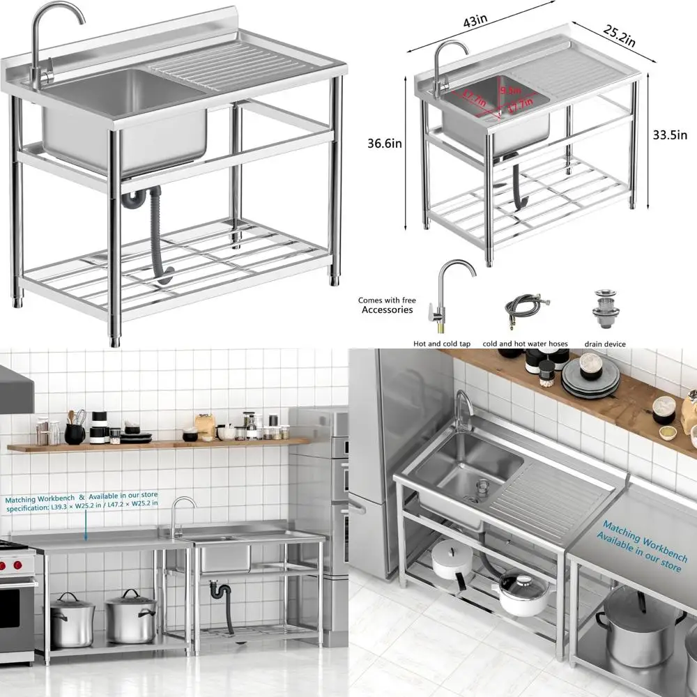 Commercial Grade Stainless Steel Utility Sink with Drainboard and Faucet, 43 Freestanding Prep Sink for Kitchen Use