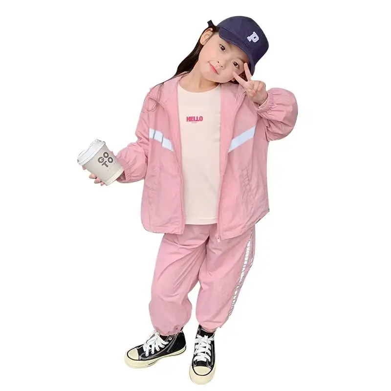 Girls\' Suit 2023 New Casual Wear Children\'s Sportswear Spring and Autumn Simplicity Sports Hooded Windbreaker Two-Piece Suit