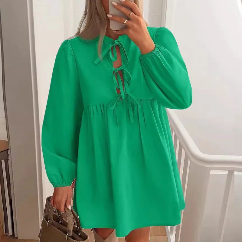 2024 Elegant Long Sleeve Autumn New In Dresses For Women Bow Design Loose Short Dress Women A-Line Party Mini Dress Vestidos