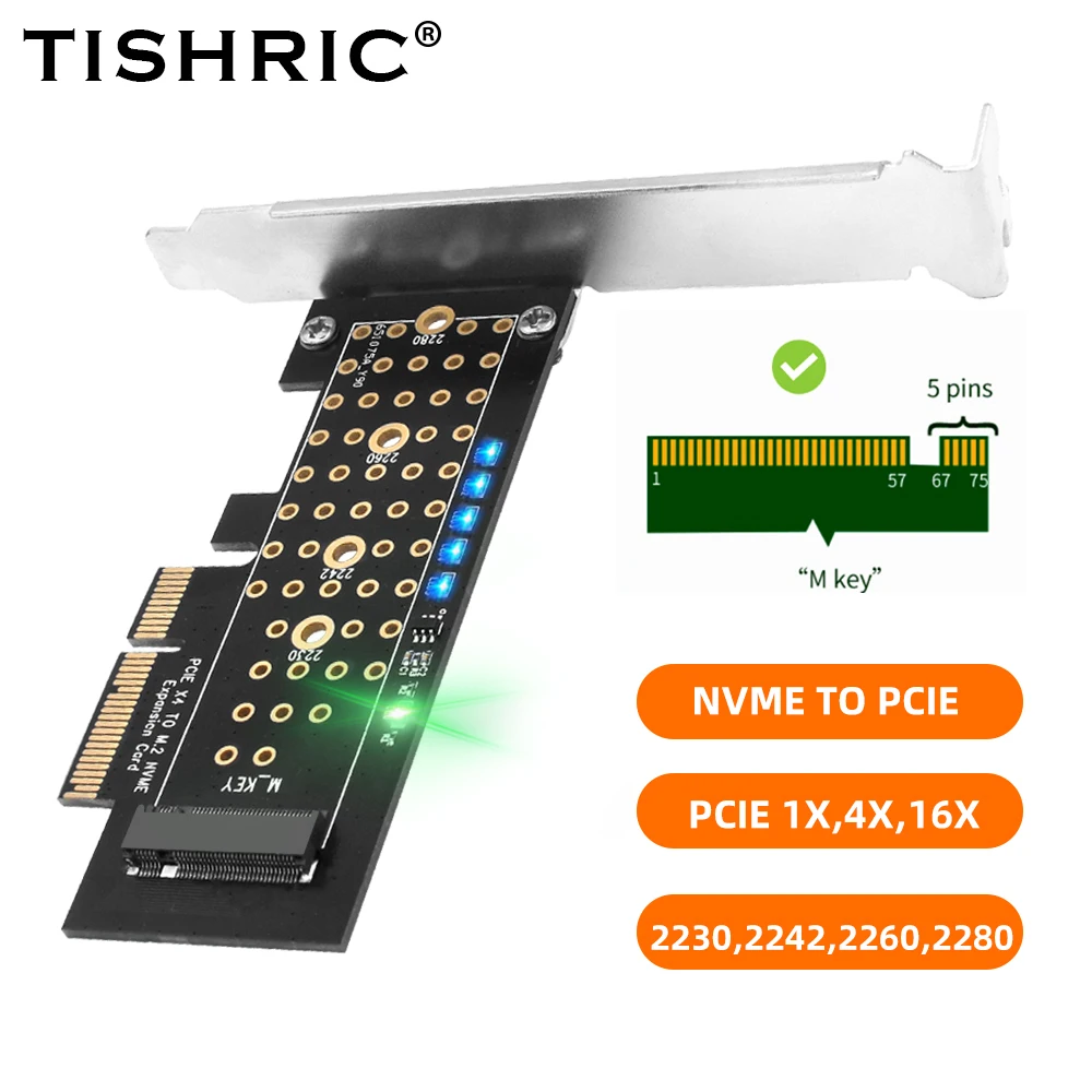 TISHRIC PCIE to M2 Adapter 1X 4X 16X PCIE to M2 Adapter With LED PCI-E Card Support M.2 M Key SSD NVME Expansion Add On Cards